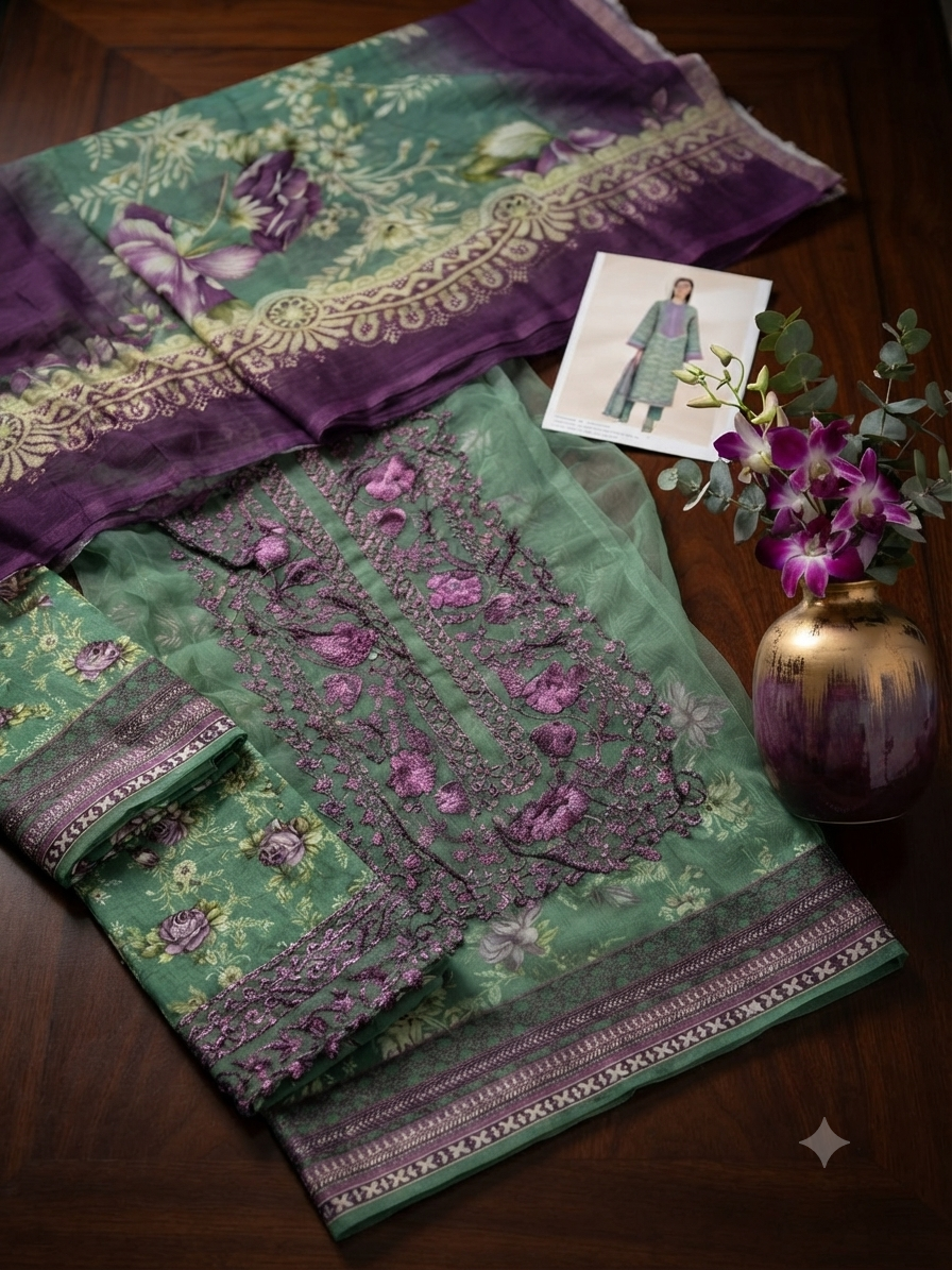Sale sapphire printed khadar 3 PC with embroided patche and printed chiffon dupatta winter