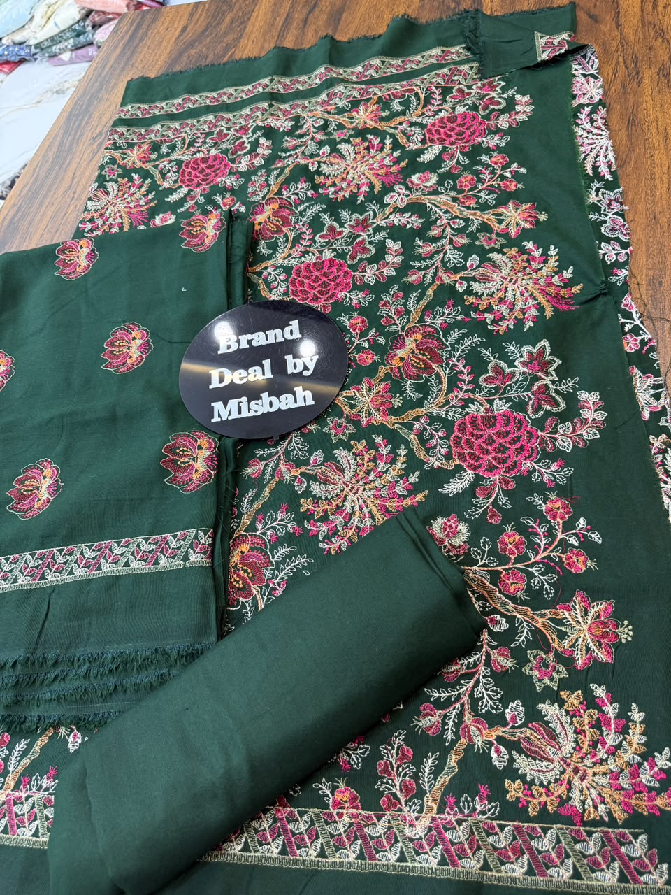 Dark green Luxury embroided karandi 3pc with heavy embroided shawl light embroided shirt plain trouser