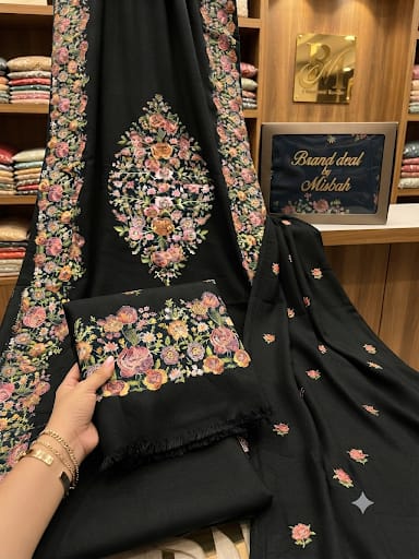 Luxury embroided karandi 3pc with heavy embroided shawl light embroided shirt plain trouser