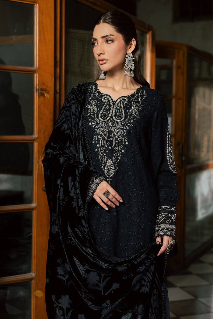 Nureh 3pc  embroided peach leather shirt with velvet palachi shawl and dyed peach leather trouser