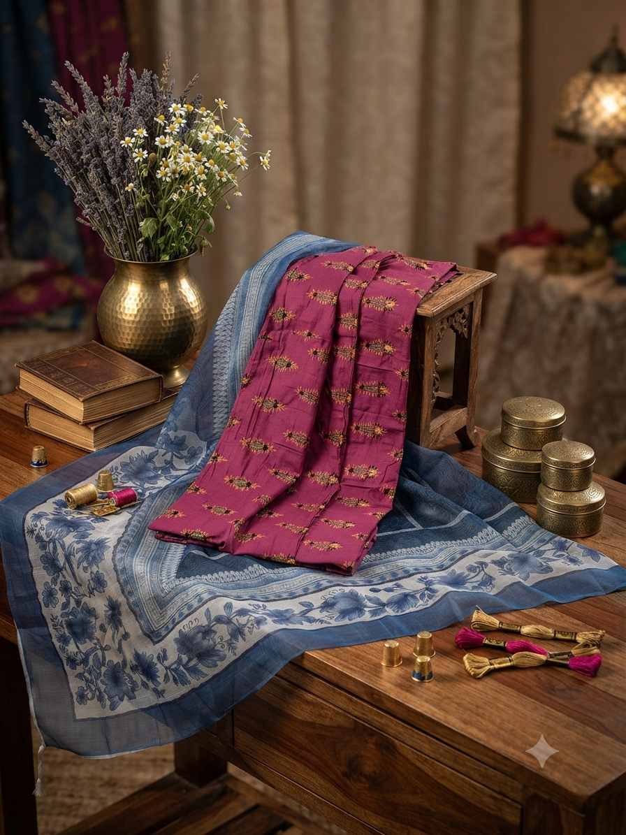 Sale Xenia printed linen shirt with printed Khadi net fabric dupatta