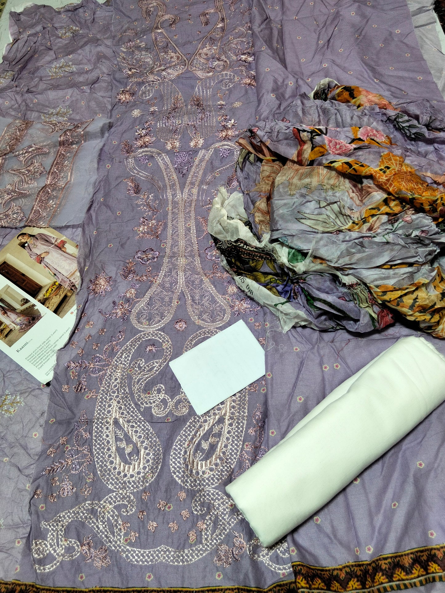 Sale embroided lawn 3pc with plain trouser and printed silk dupatta