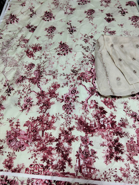 Sale printed lawn 2pc+organza fabric dupatta