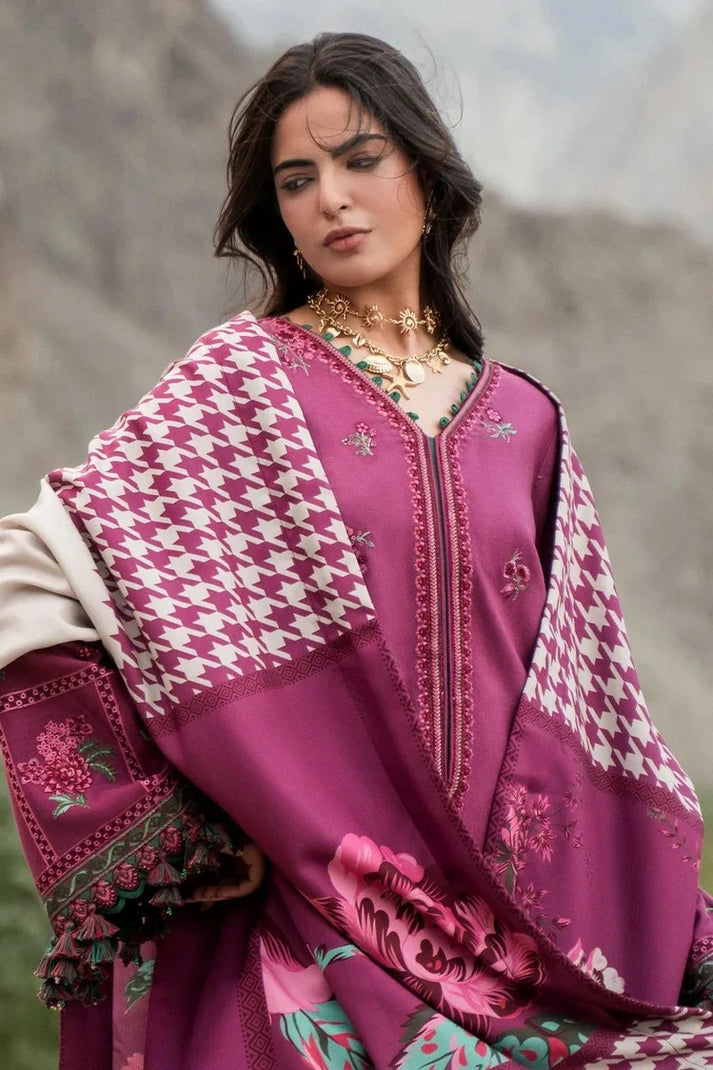 Charizma poshima unstitched 3PC embroided peach leather with printed wool shawl