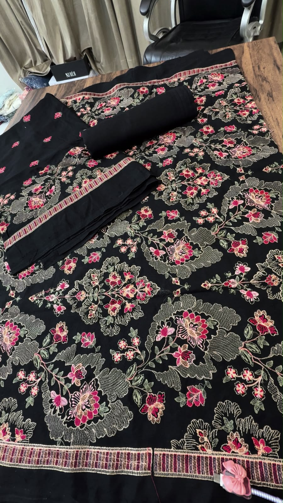 Luxury embroided karandi 3pc with heavy embroided shawl light embroided shirt plain trouser