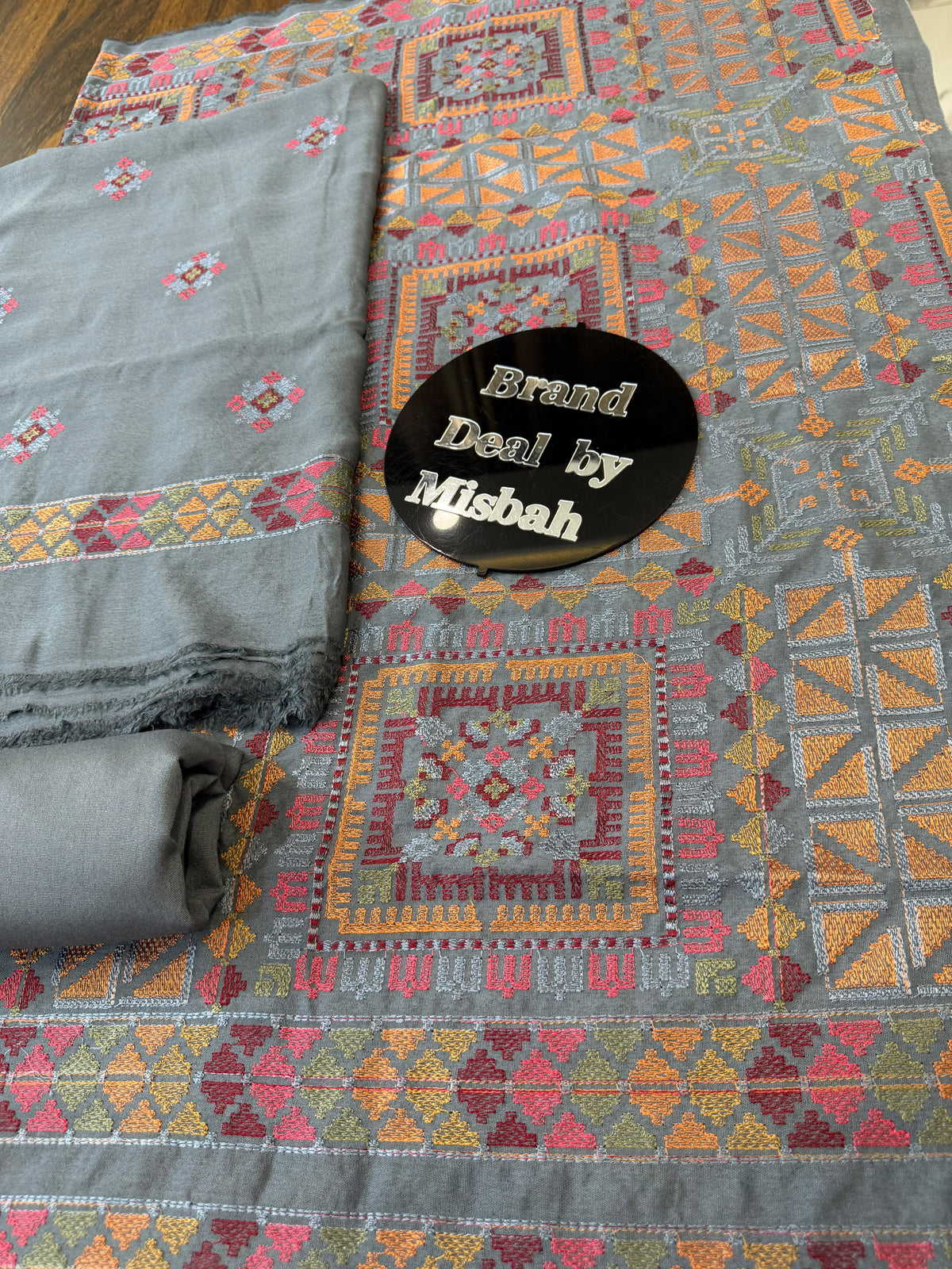 Gray Luxury embroided karandi 3pc with heavy embroided shawl light embroided shirt plain trouser