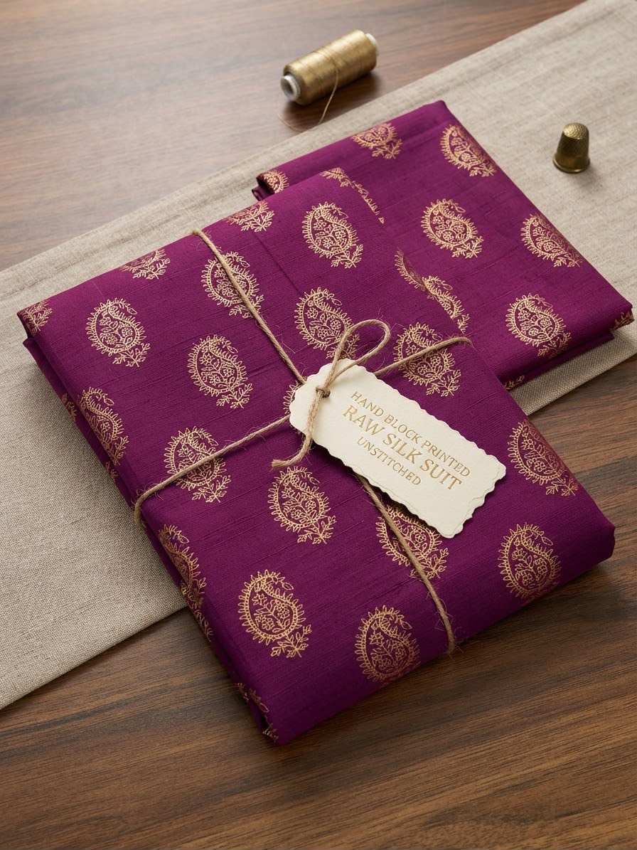 Block printed raw silk 2 pc
