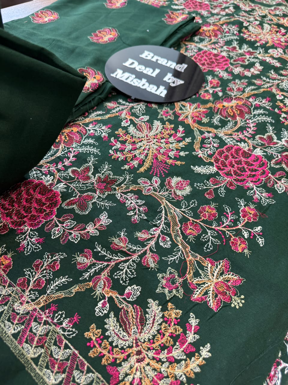 Dark green Luxury embroided karandi 3pc with heavy embroided shawl light embroided shirt plain trouser
