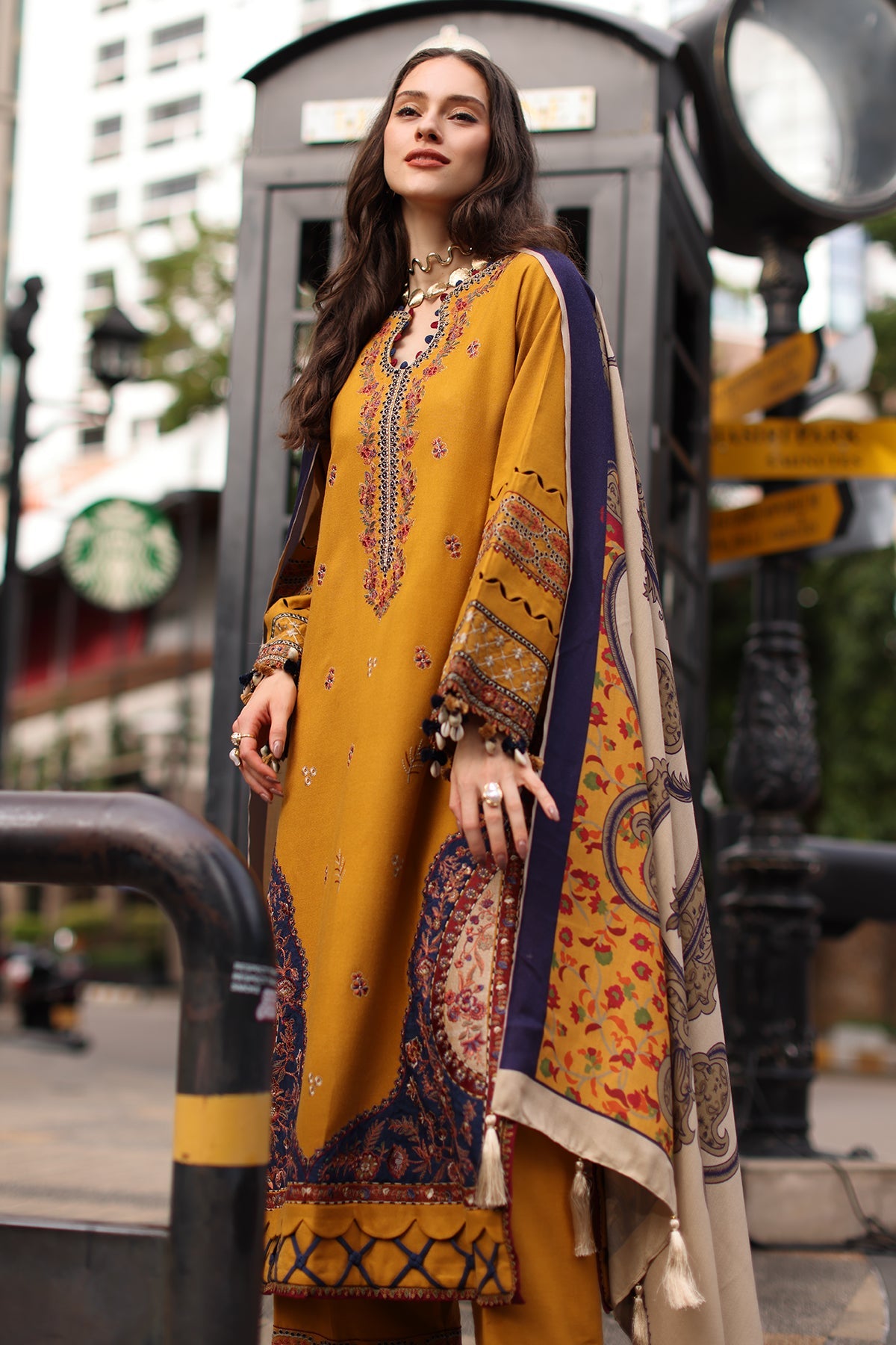 Charizma (poshima) unstitched 3Pc embroidered peach leather with printed pashmina shawl