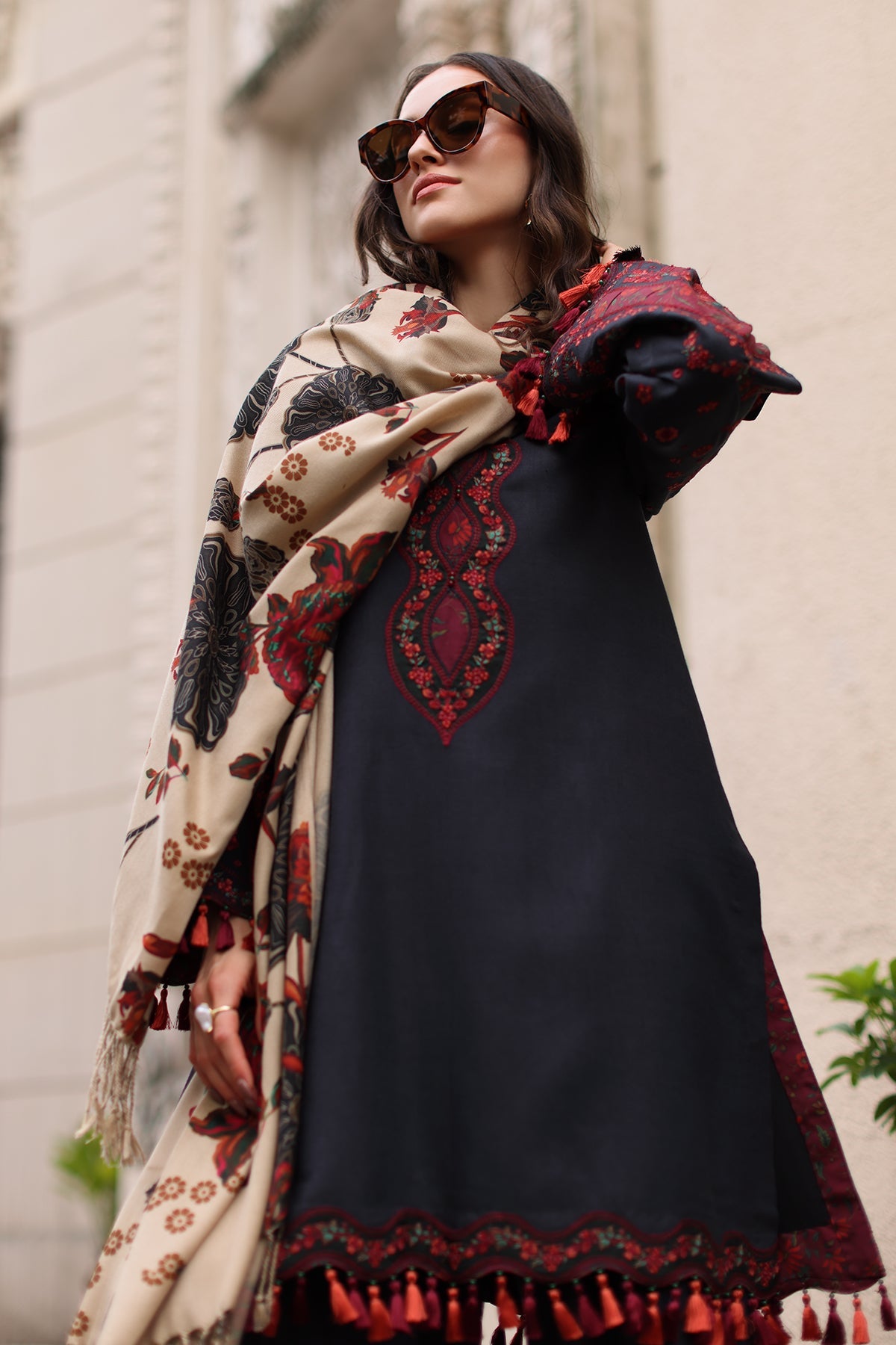 Charizma (poshima) unstitched 3Pc embroidered peach leather with printed pashmina shawl