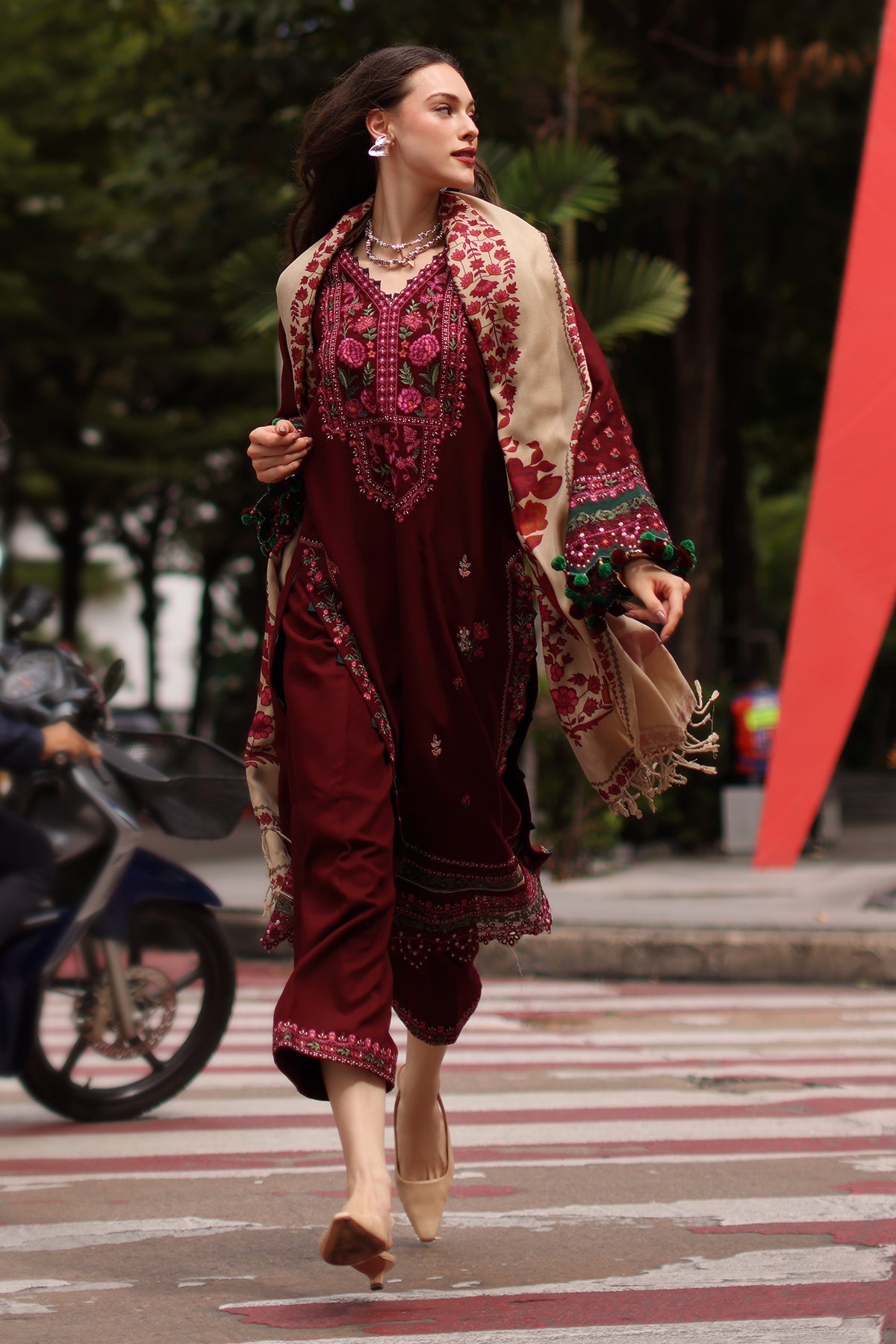 Charizma (poshima) unstitched 3Pc embroidered peach leather with printed pashmina shawl