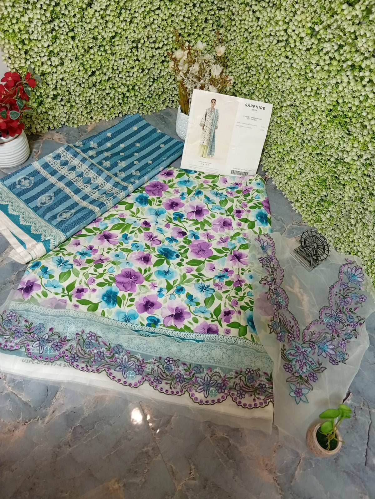 Sale sapphire printed lawn shirt with printed jacquard lawn Dupatta  with embroided patches (2pc)