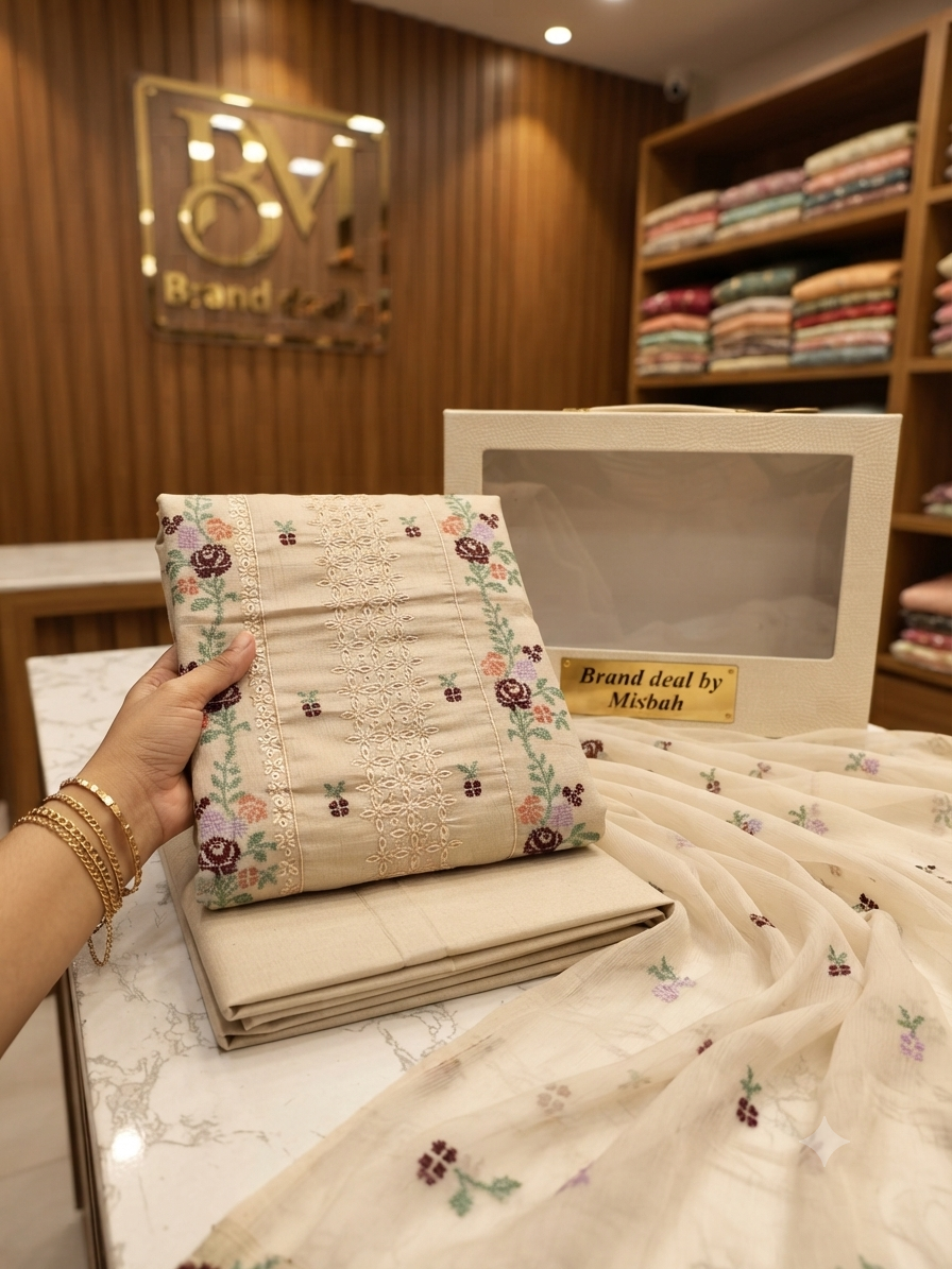 Luxury Karandi embroided 3pc with embroided chiffon duppata plain karandi trouser