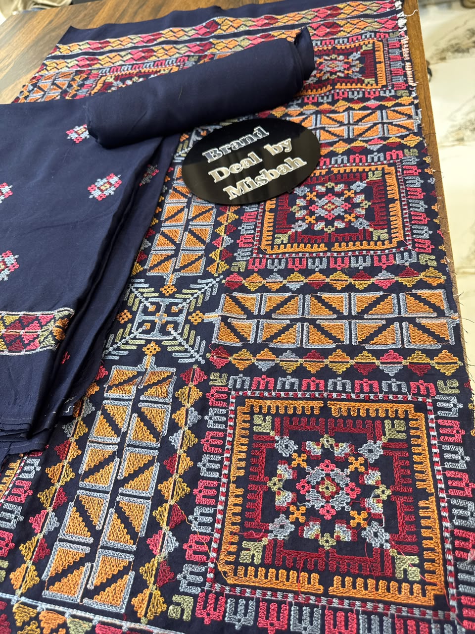 Navy blue Luxury embroided karandi 3pc with heavy embroided shawl light embroided shirt plain trouser
