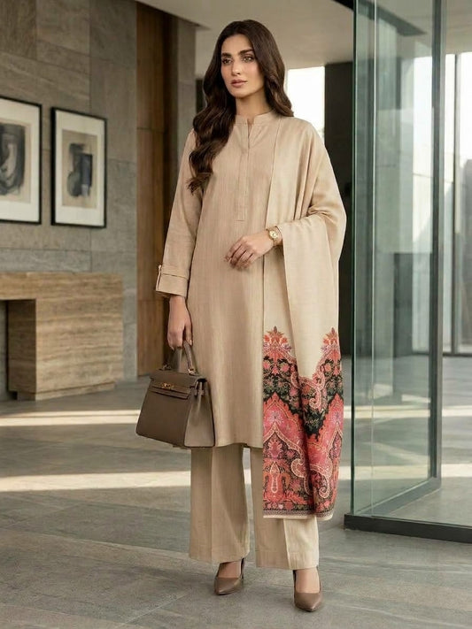Hussain rehar 3pc plain khadar shirt and trouser with printed wool shawl