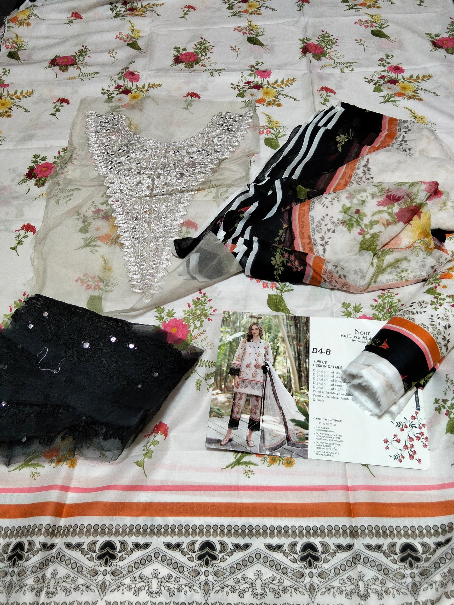 Sale Noor by Sadia Asad printed lawn 3pc with printed trouser and printed chiffon dupatta with embroided patches