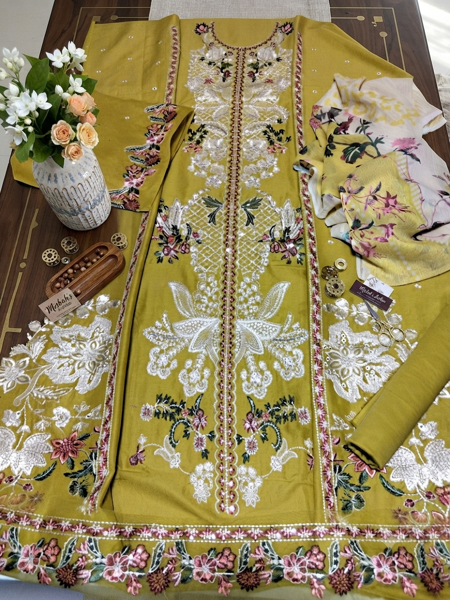 Nureh Riaz arts luxury embroidered lawn 3pc butter yellow