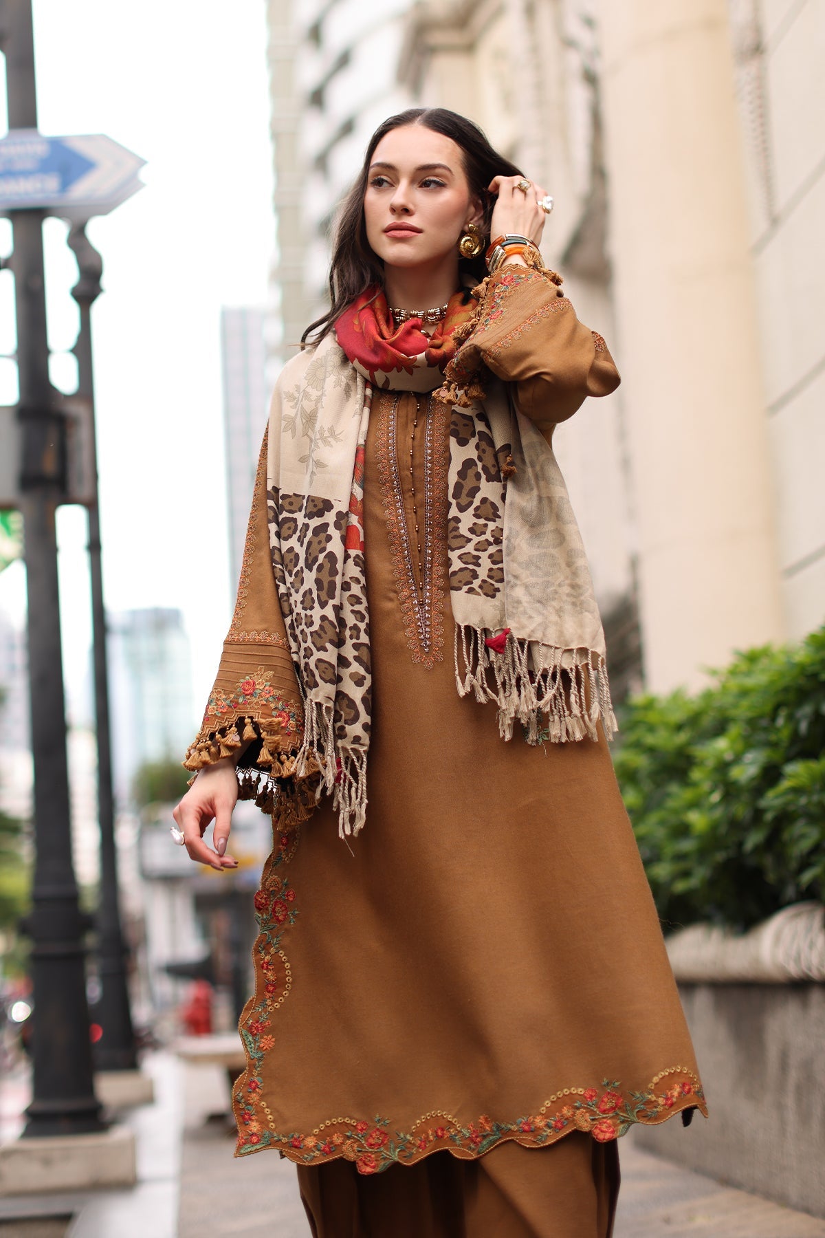 Charizma (poshima) unstitched 3Pc embroidered peach leather with printed pashmina shawl