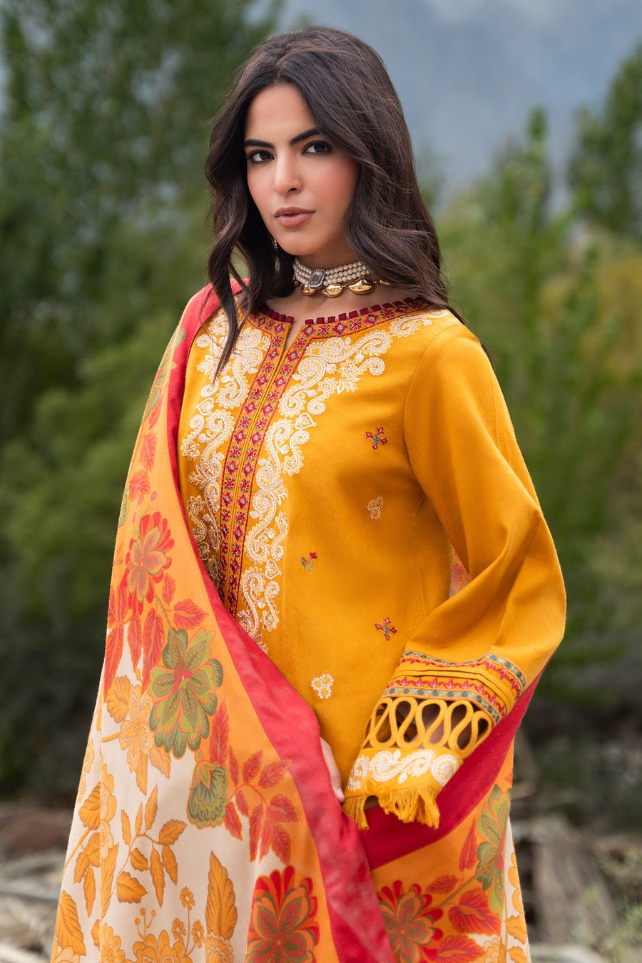Charizma poshima unstitched 3PC embroided peach leather with printed wool shawl