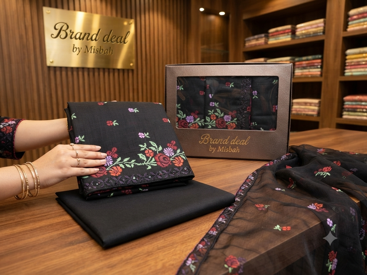 Luxury Karandi embroided 3pc with embroided chiffon duppata plain karandi trouser
