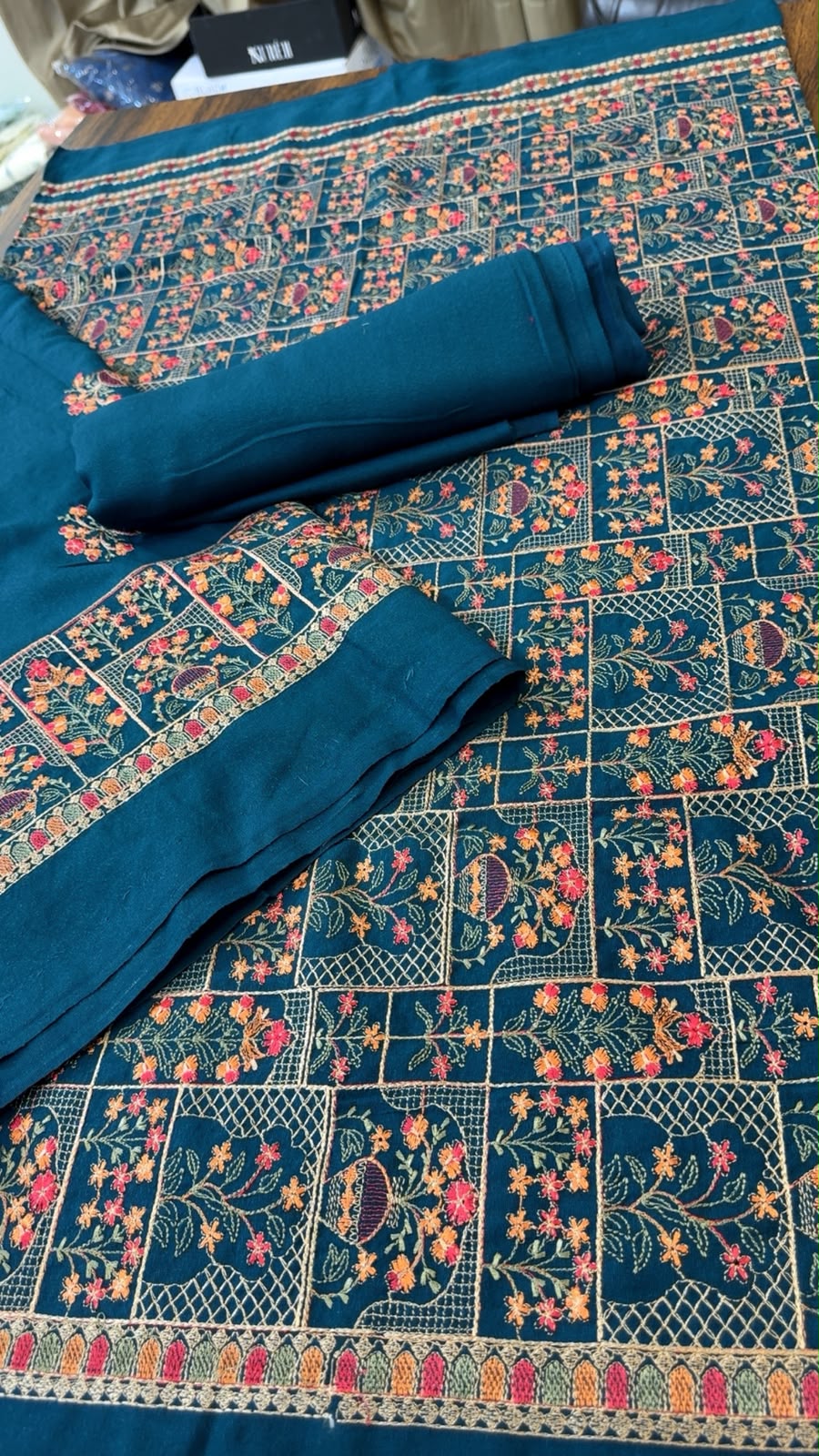 Luxury embroided karandi 3pc with heavy embroided shawl light embroided shirt plain trouser