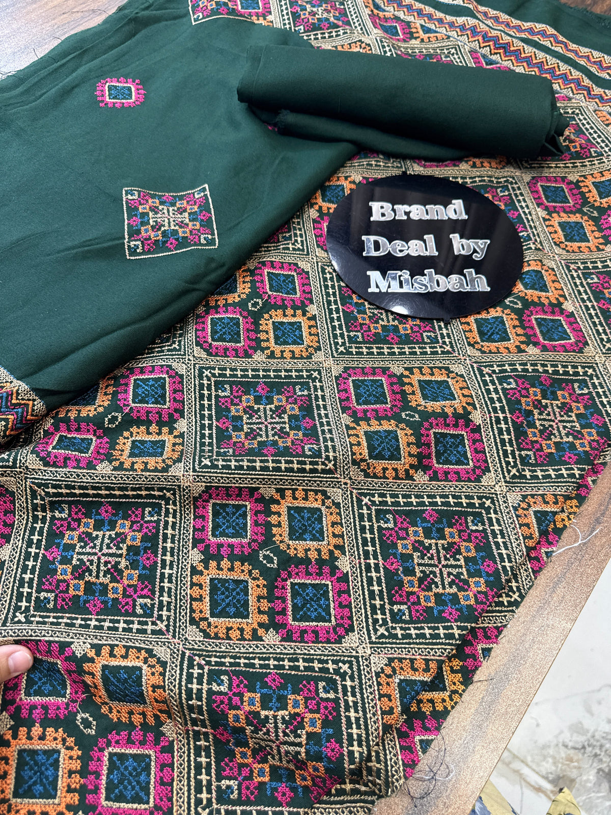 Dark green Luxury embroided karandi 3pc with heavy embroided shawl light embroided shirt plain trouser