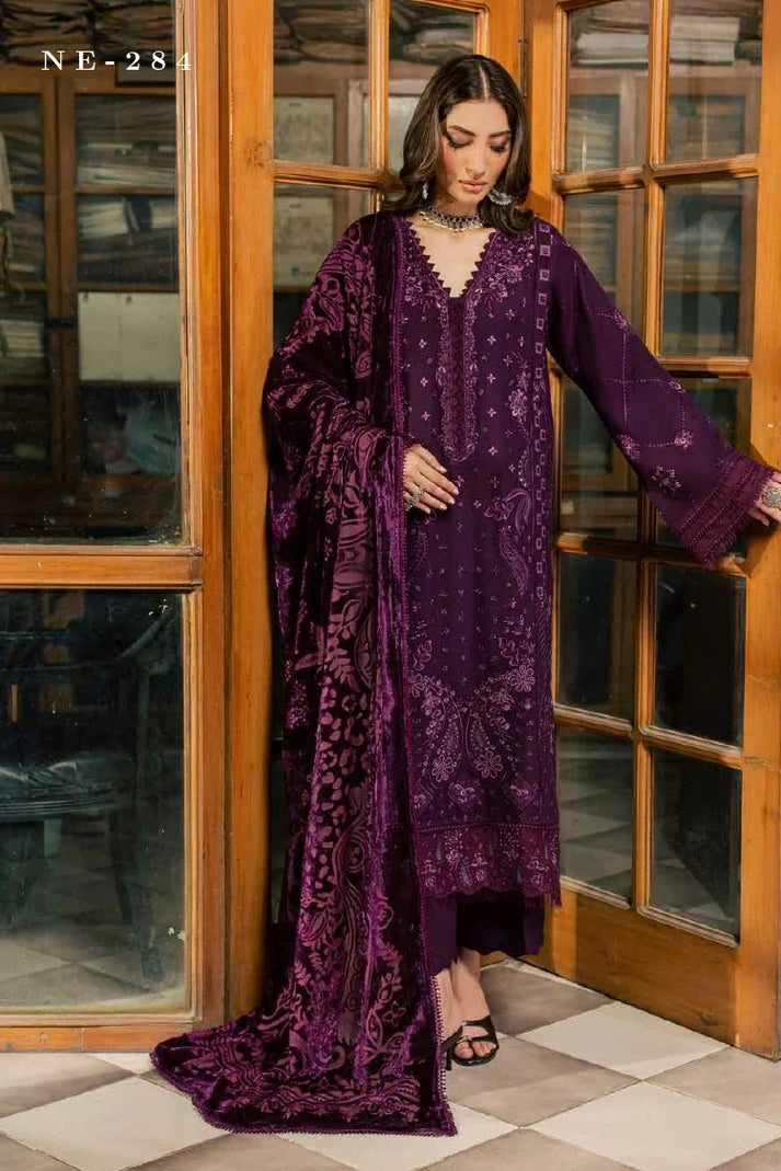 Nureh 3pc  embroided peach leather shirt with velvet palachi shawl and dyed peach leather trouser