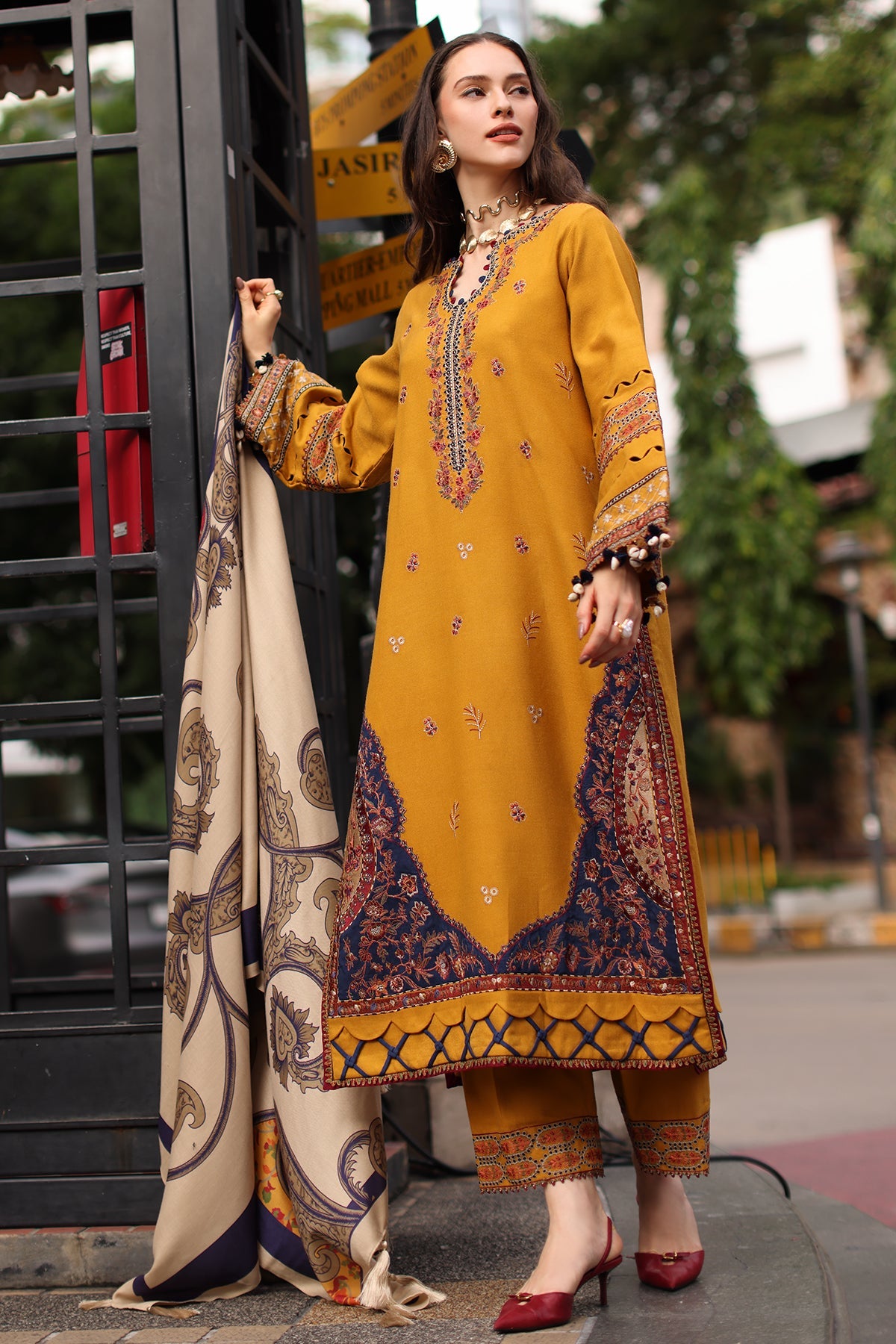 Charizma (poshima) unstitched 3Pc embroidered peach leather with printed pashmina shawl