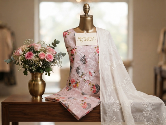 Sale embroided lawn shirt with printed trouser+embroided lawn Dupatta