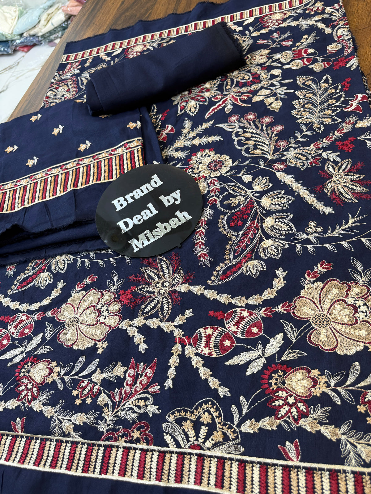 Navy blue Luxury embroided karandi 3pc with heavy embroided shawl light embroided shirt plain trouser