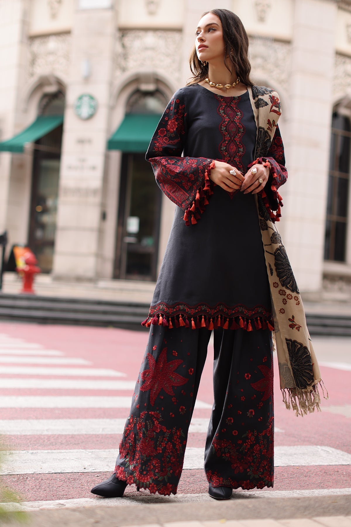 Charizma (poshima) unstitched 3Pc embroidered peach leather with printed pashmina shawl