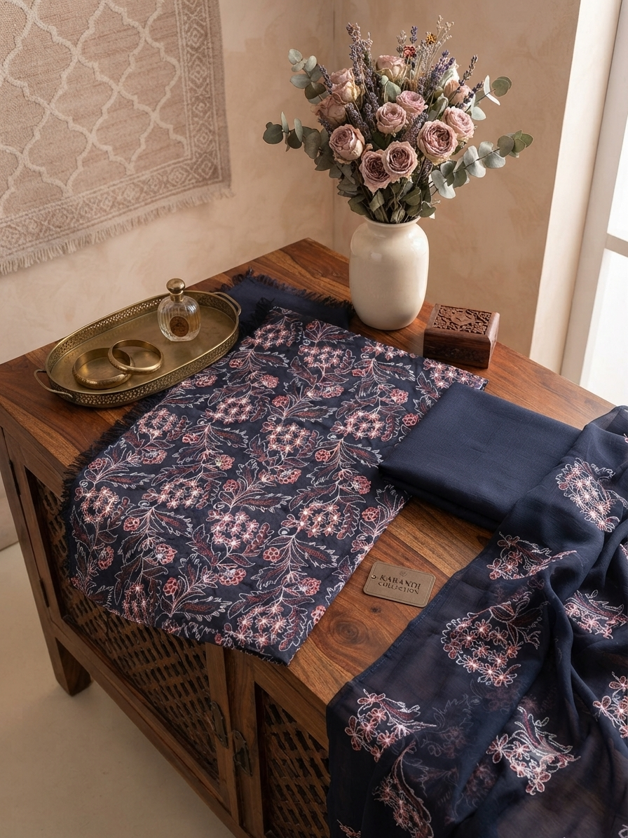 Sale breeze embroided karandi fabric 3pc with plain trouser and embroided chiffon dupatta