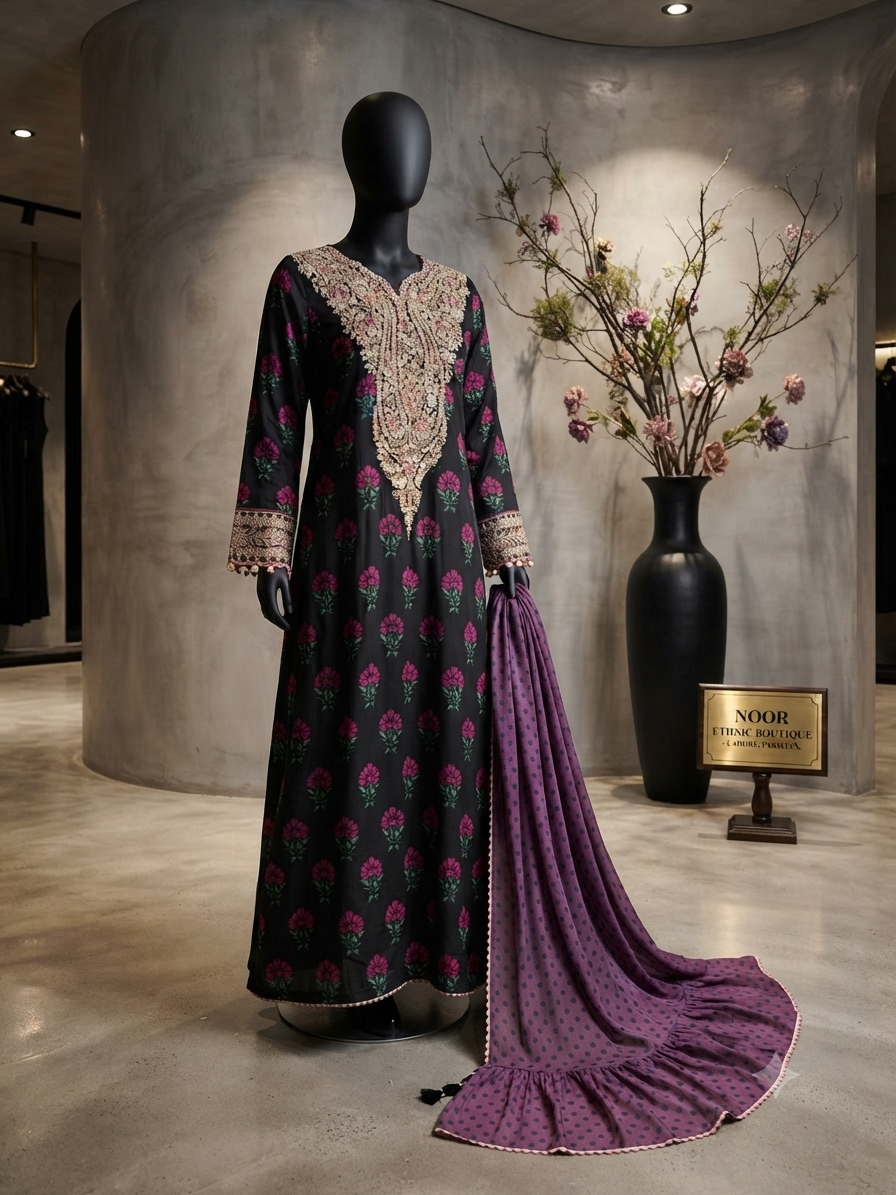Sale Jazmine printed  + embroided linen 3pc stitched (ch. 21)(Length. 49) stitched trouser with ready to wear duppta