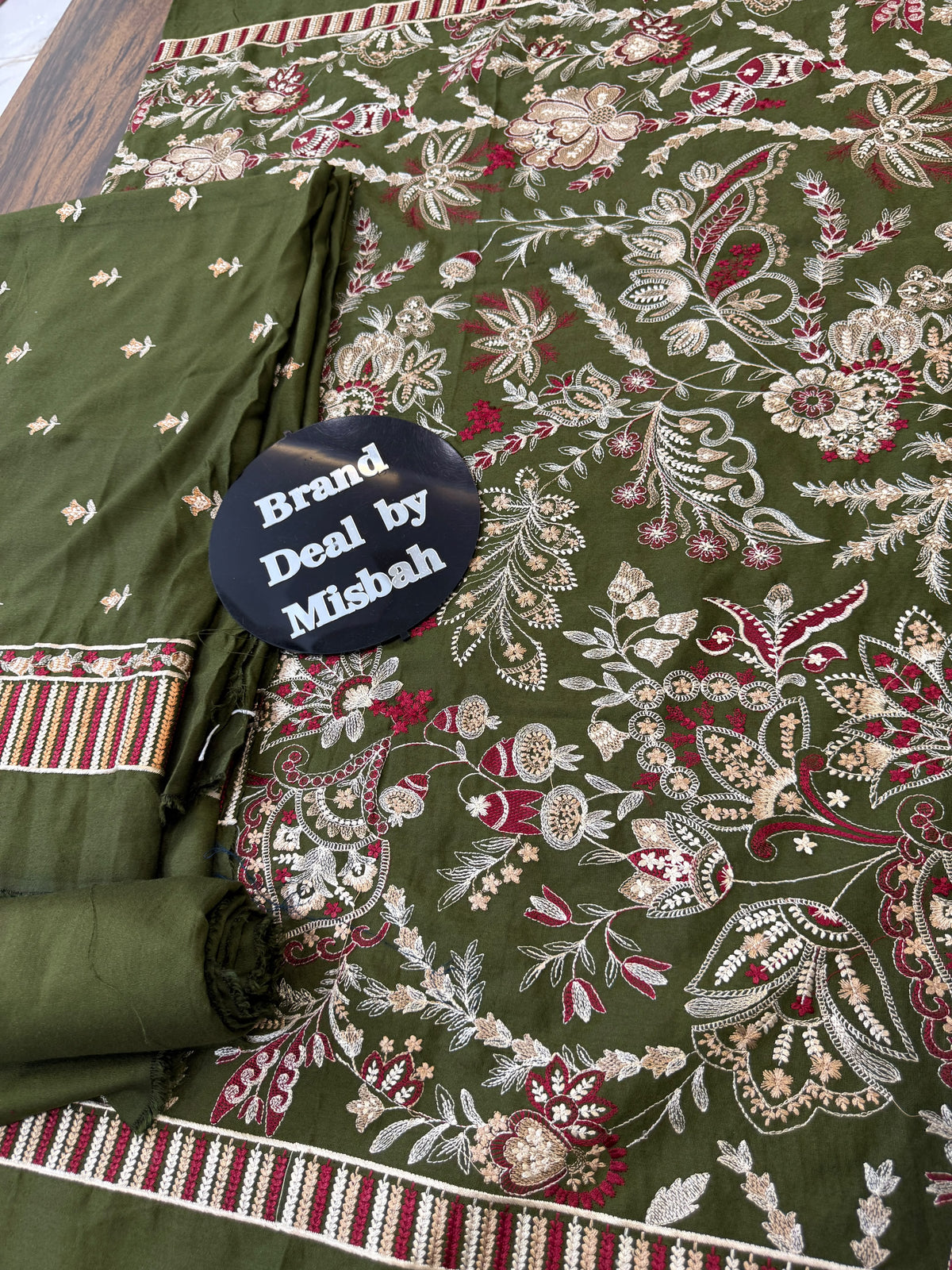 Luxury embroided karandi 3pc with heavy embroided shawl light embroided shirt plain trouser
