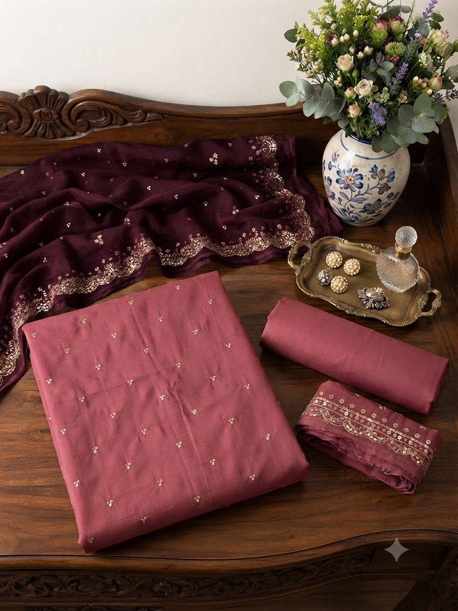 Batik embroided lawn 3pc with plain trouser and embroided chiffon dupatta with embroided patches