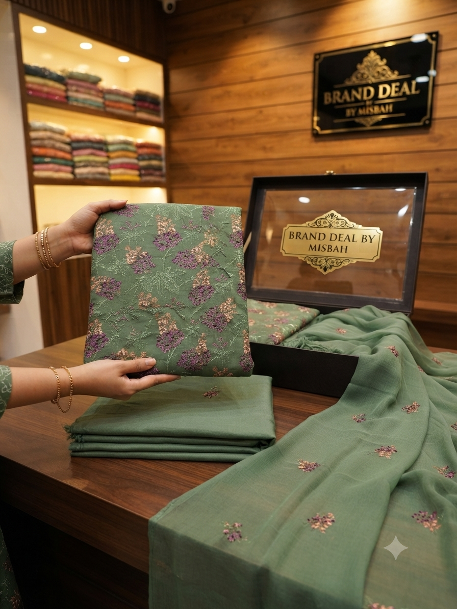 Luxury Karandi embroided 3pc with embroided chiffon duppata plain karandi trouser