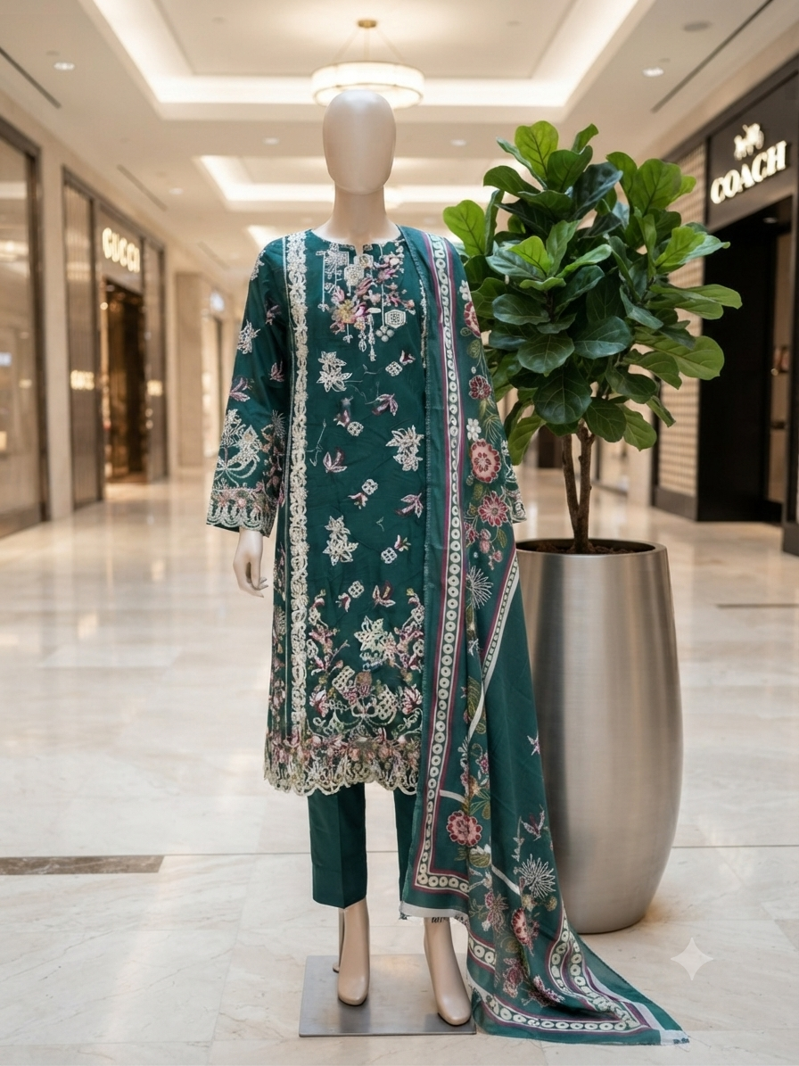 Sale Nureh embroided lawn 3pc with printed munar lawn dupatta unstitched