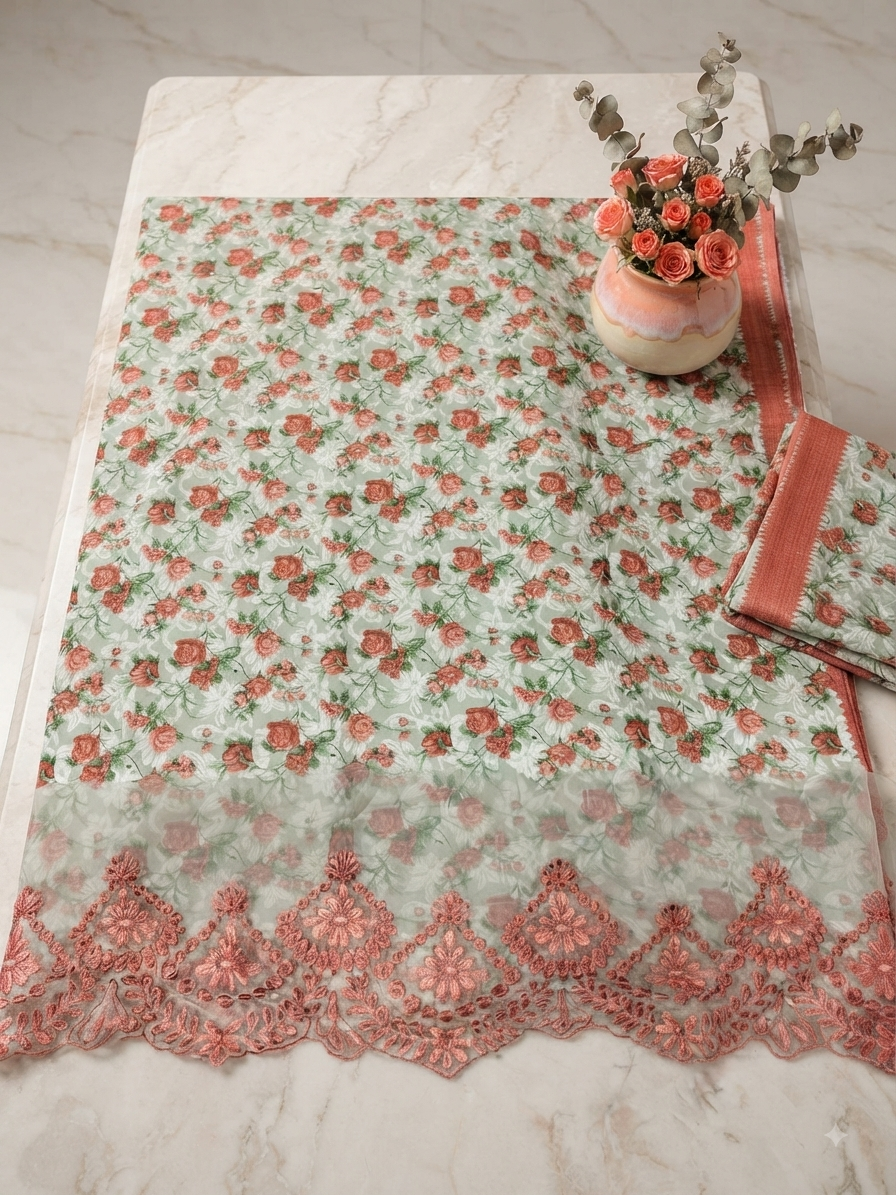 Sale sapphire printed linen 3pc with plain trouser and printed linen Dupatta with embroided patche