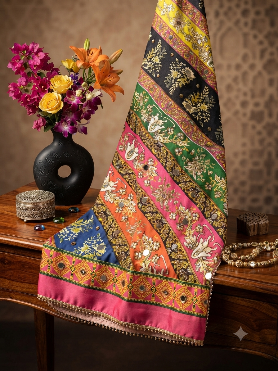 Sale printed silk mirror work shawl