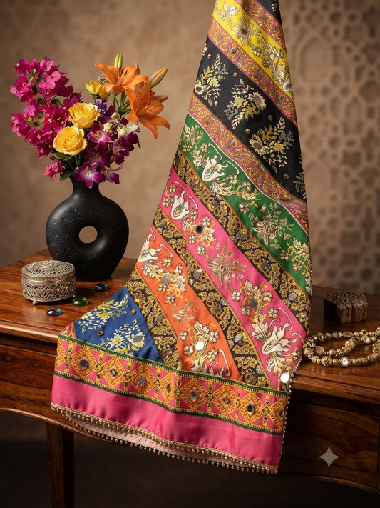 Sale printed silk mirror work shawl