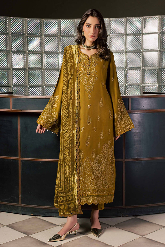 Nureh 3pc  embroided peach leather shirt with velvet palachi shawl and dyed peach leather trouser