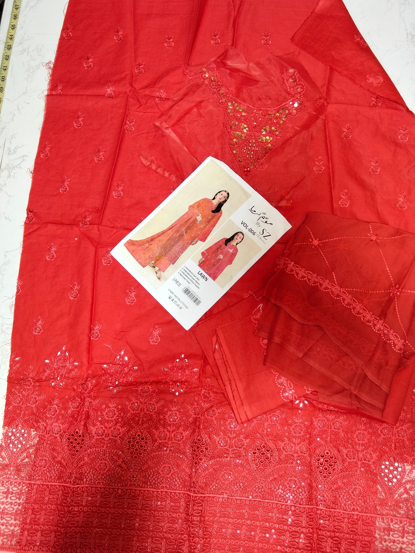 Sale embroided lawn shirt, embroided chiffon dupatta with dyed trouser (complete 3pc)