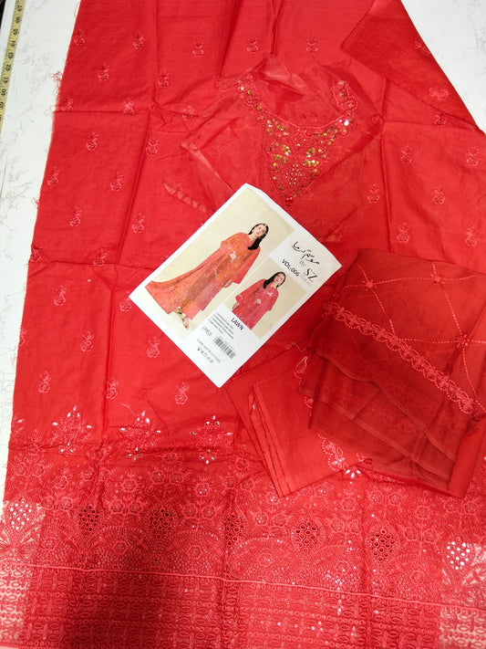 Sale embroided lawn shirt, embroided chiffon dupatta with dyed trouser (complete 3pc)