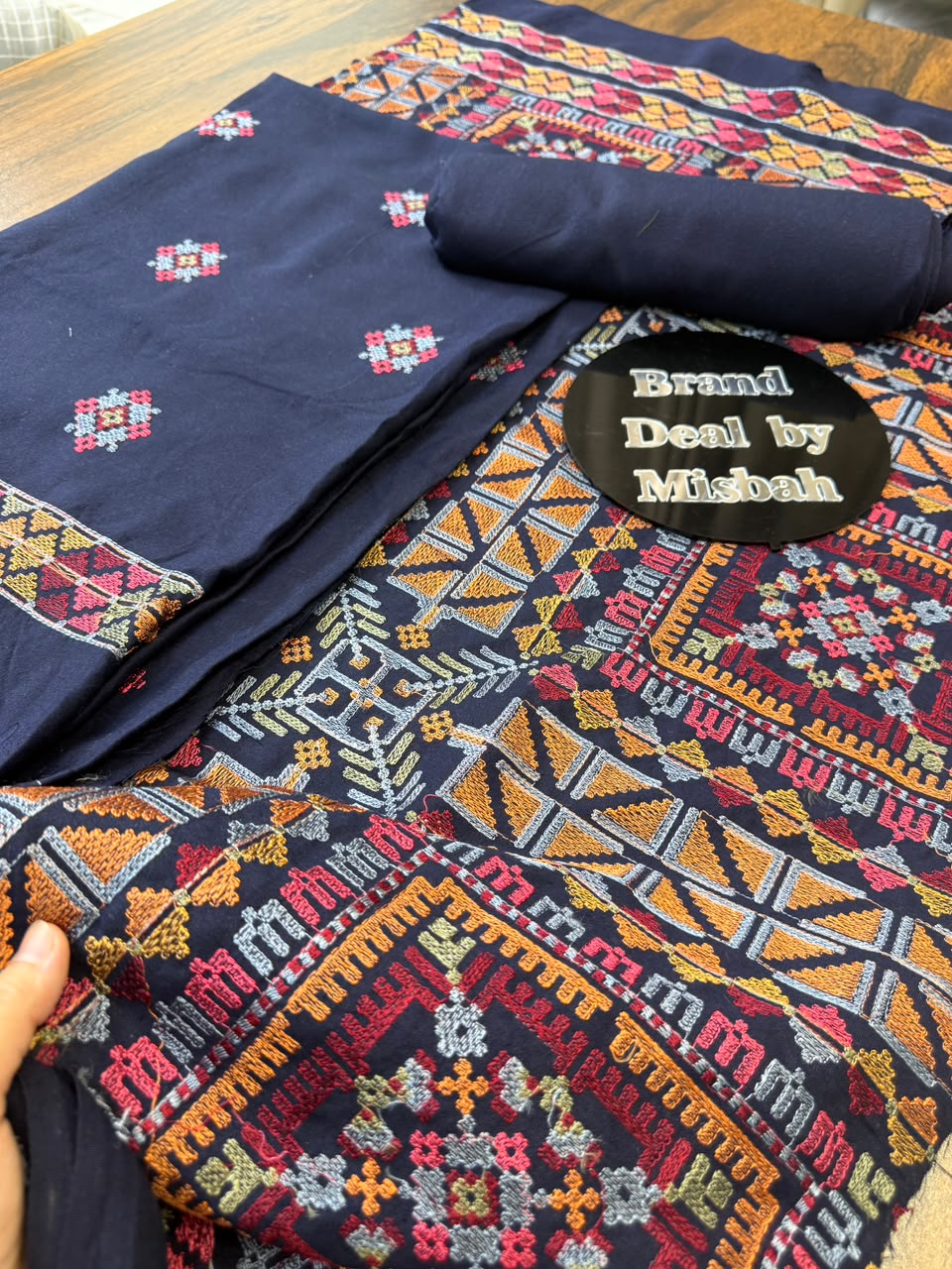 Navy blue Luxury embroided karandi 3pc with heavy embroided shawl light embroided shirt plain trouser