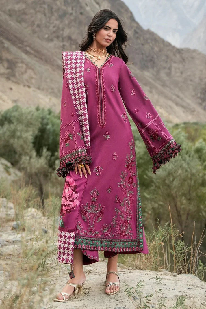 Charizma poshima unstitched 3PC embroided peach leather with printed wool shawl