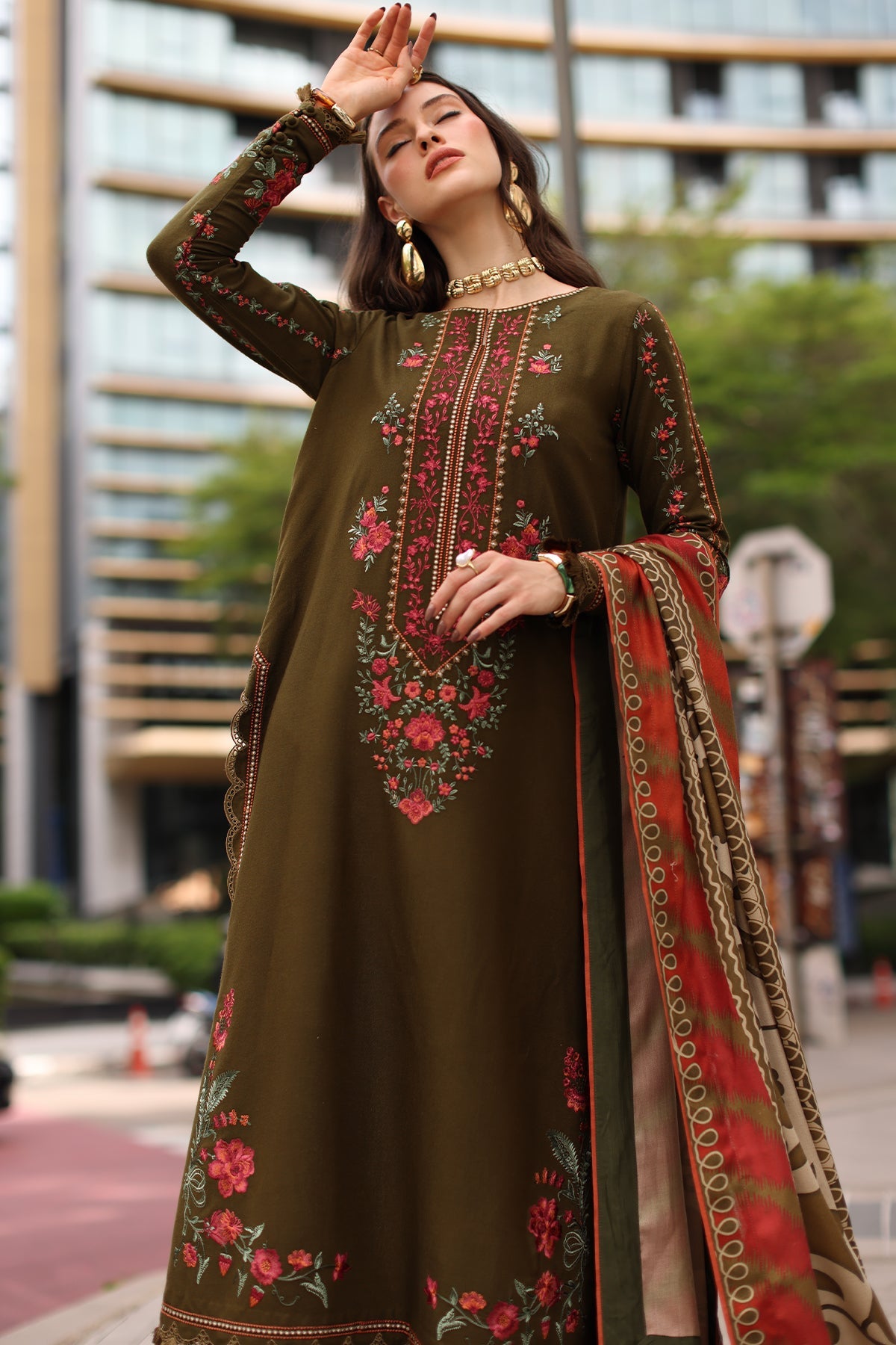 Charizma (poshima) unstitched 3Pc embroidered peach leather with printed pashmina shawl