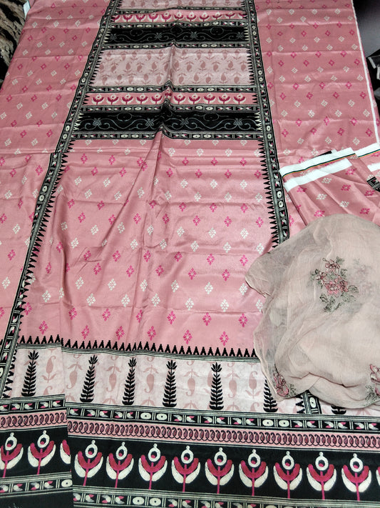Sale printed shirt of silk + breeze embroided pure chiffon dupatta