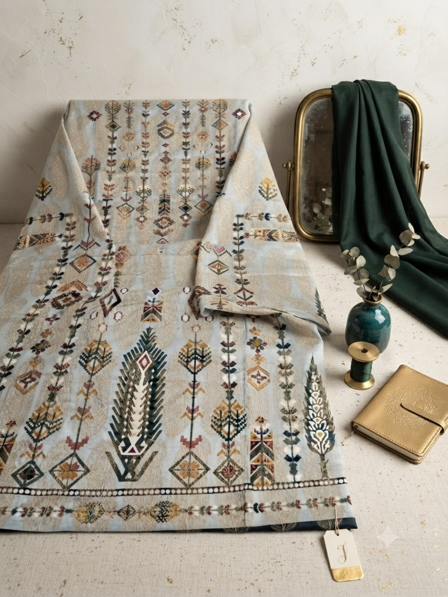 Alkaram printed lawn jacquard shirt and plain trouser