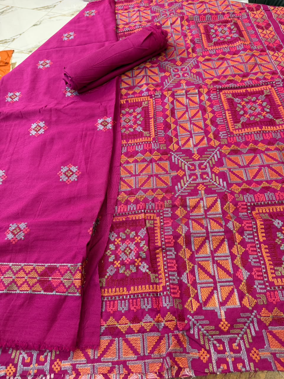 Luxury embroided karandi 3pc with heavy embroided shawl light embroided shirt plain trouser