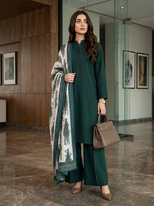 Hussain rehar 3pc plain khadar shirt and trouser with printed wool shawl